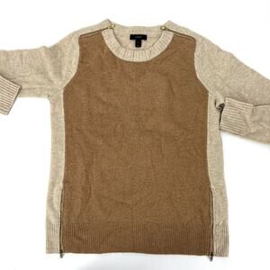 J. Crew Womens Crewneck Color Block Double Zip Camel and Tan Wool Sweater Size S